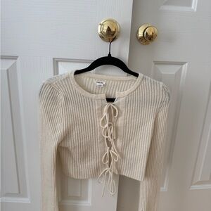 Cream Ribbed Lace-Up Crop Sweater